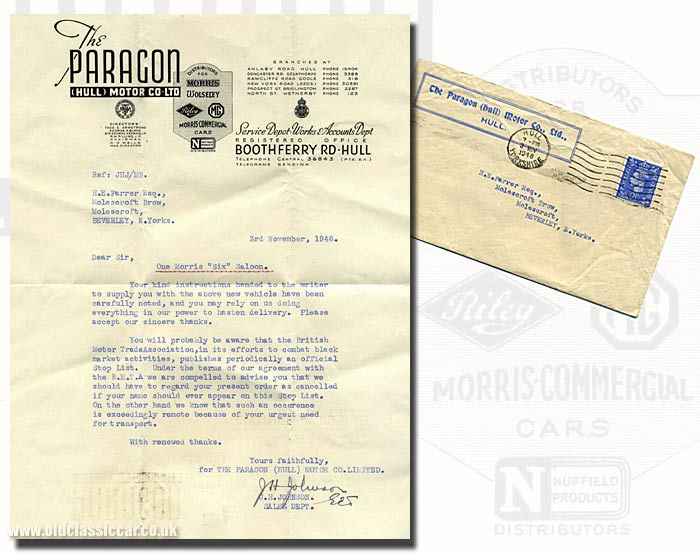 Letter regarding a Morris Six car by The Paragon (Hull) Motor Car Co.