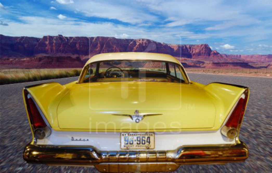 1957 Dodge Regent classic car flying through Arizona