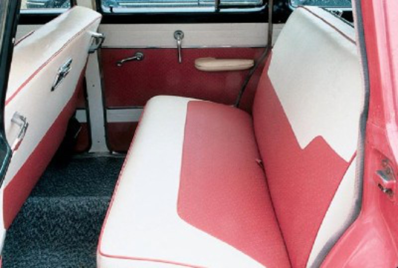 The two-tone theme is carried into the interior of this 1955 Dodge Royal