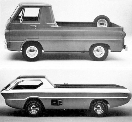 The one-offs are based on the 1965 Dodge A100 unibody compact pickup truck,