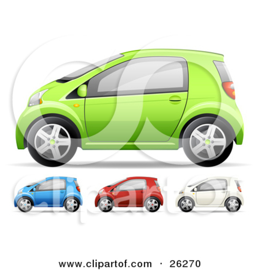 Clipart Illustration of Green, Blue, Red And White Compact Cars, On A White
