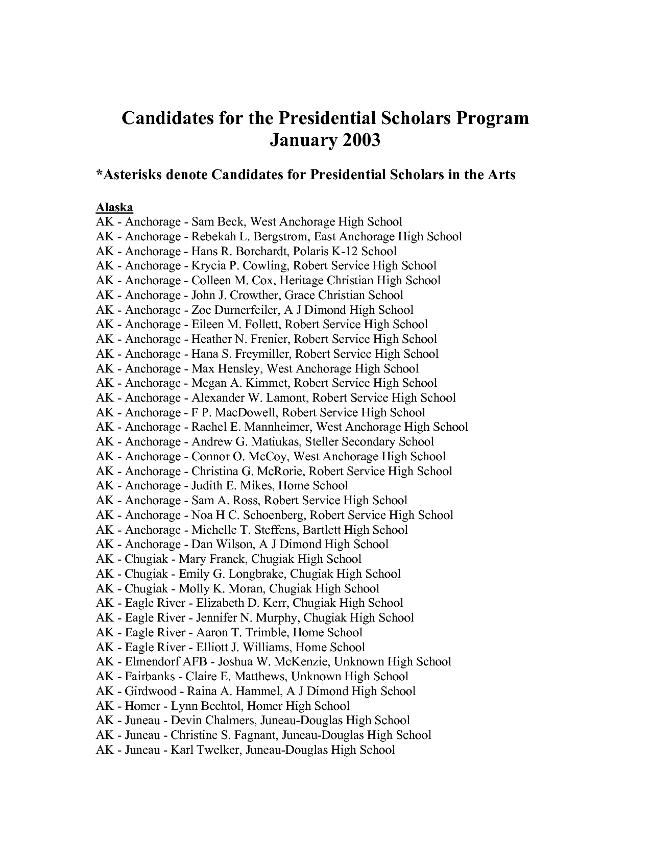 2003 Candidates Candidates for the Presidential Scholars Program ...