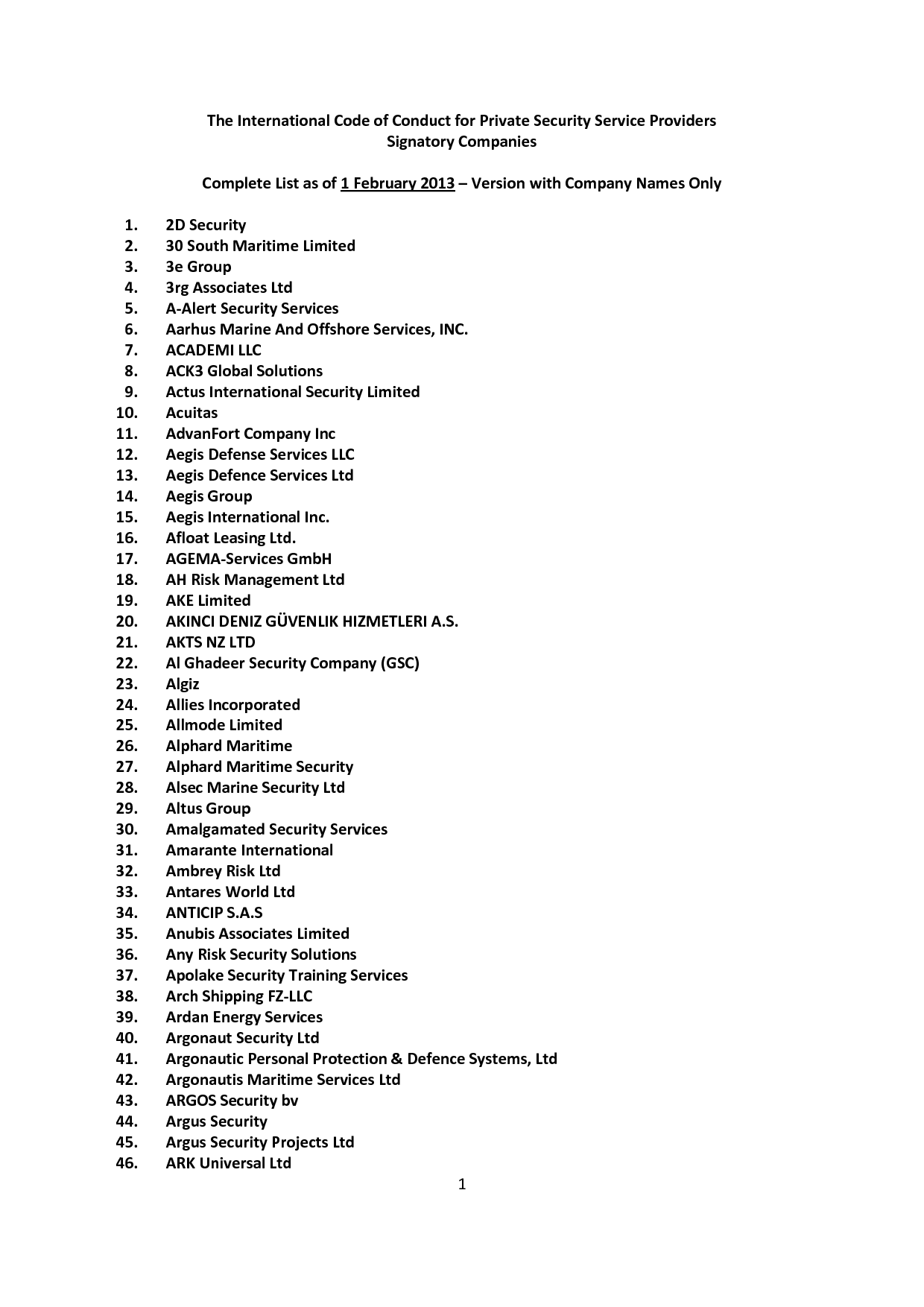 592 Signatory Companies as of 1 February 2013 - International