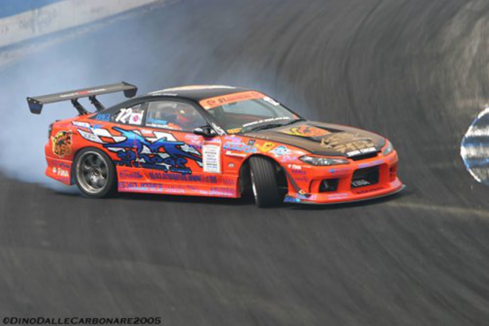 Professional drift driver Kazuhiro Tanaka's Orange Nissan S15 Silvia