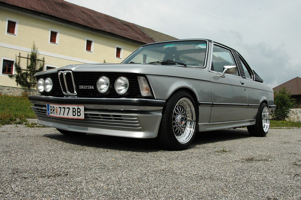Silver E21 BMW 323i Baur Convertible on Polished BBS RS with Black Windows