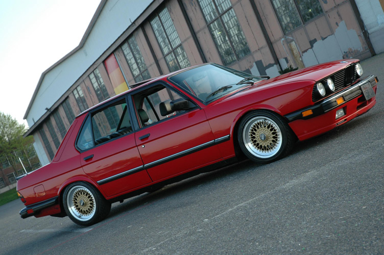 This BMW 535is E28 is lowered with Ground Control Coilovers with Koni