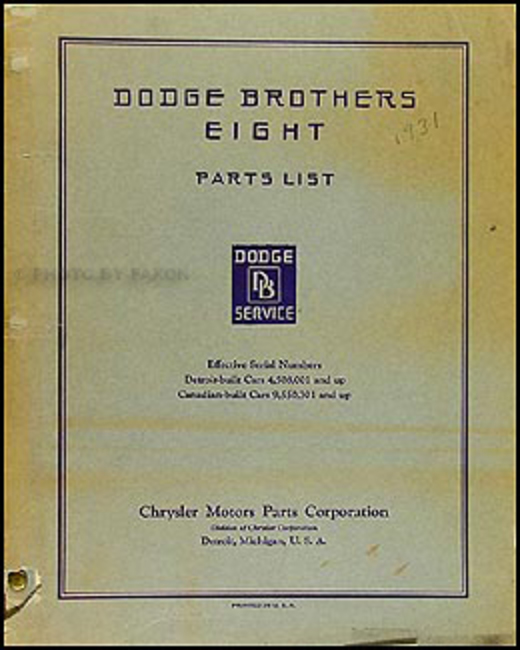 1931 Dodge DG Eight Parts Book Original $129.00