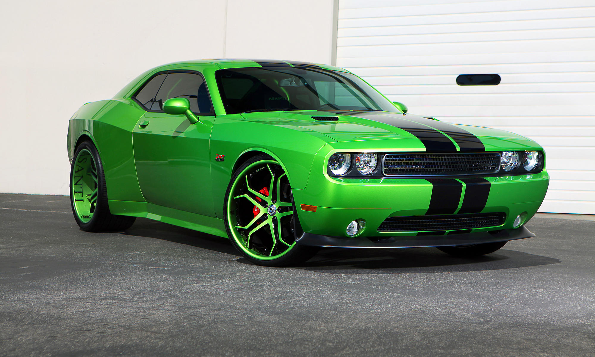 Green Dodge Challenger with custom green and black cx-173 wheels